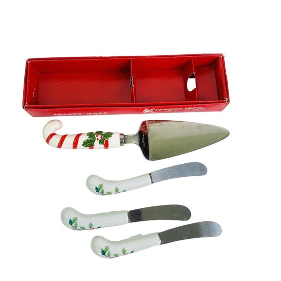 Christmas Pie Cake Server Cheese Knife Set Ceramic Handle Stainless Steel Holly - Picture 9 of 9